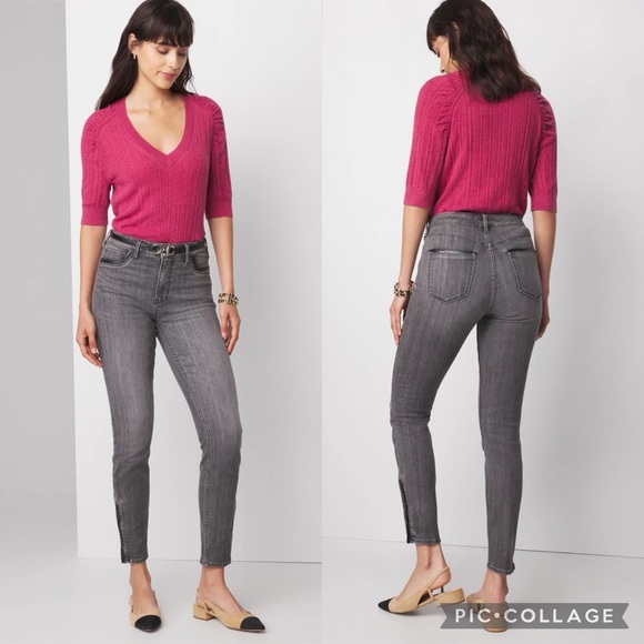 White House Black Market Vegan Leather Tipped Cropped Ankle Zip Skimmer Jeans - Picture 5 of 16